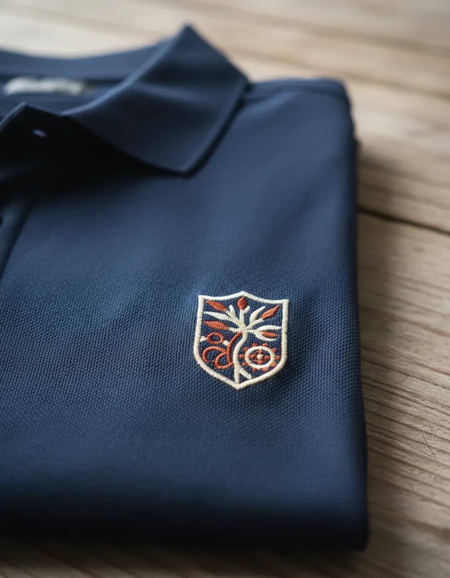 Dense satin embroidery on a corporate polo.